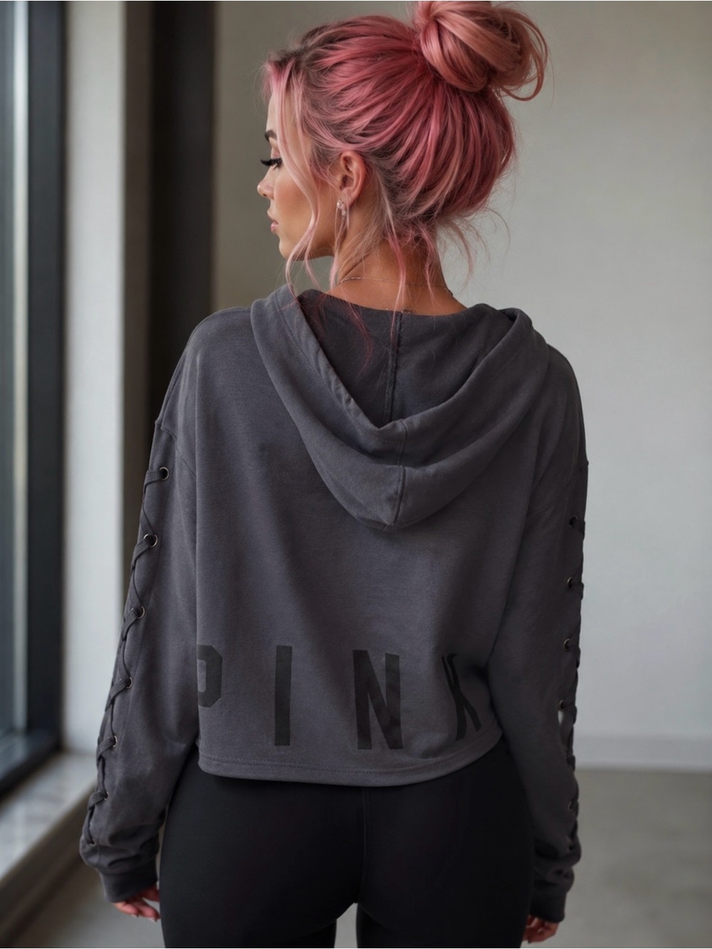 🖤🩶 Victoria's Secret PINK Charcoal Lace-Up Cropped Hoodie 🩶🖤